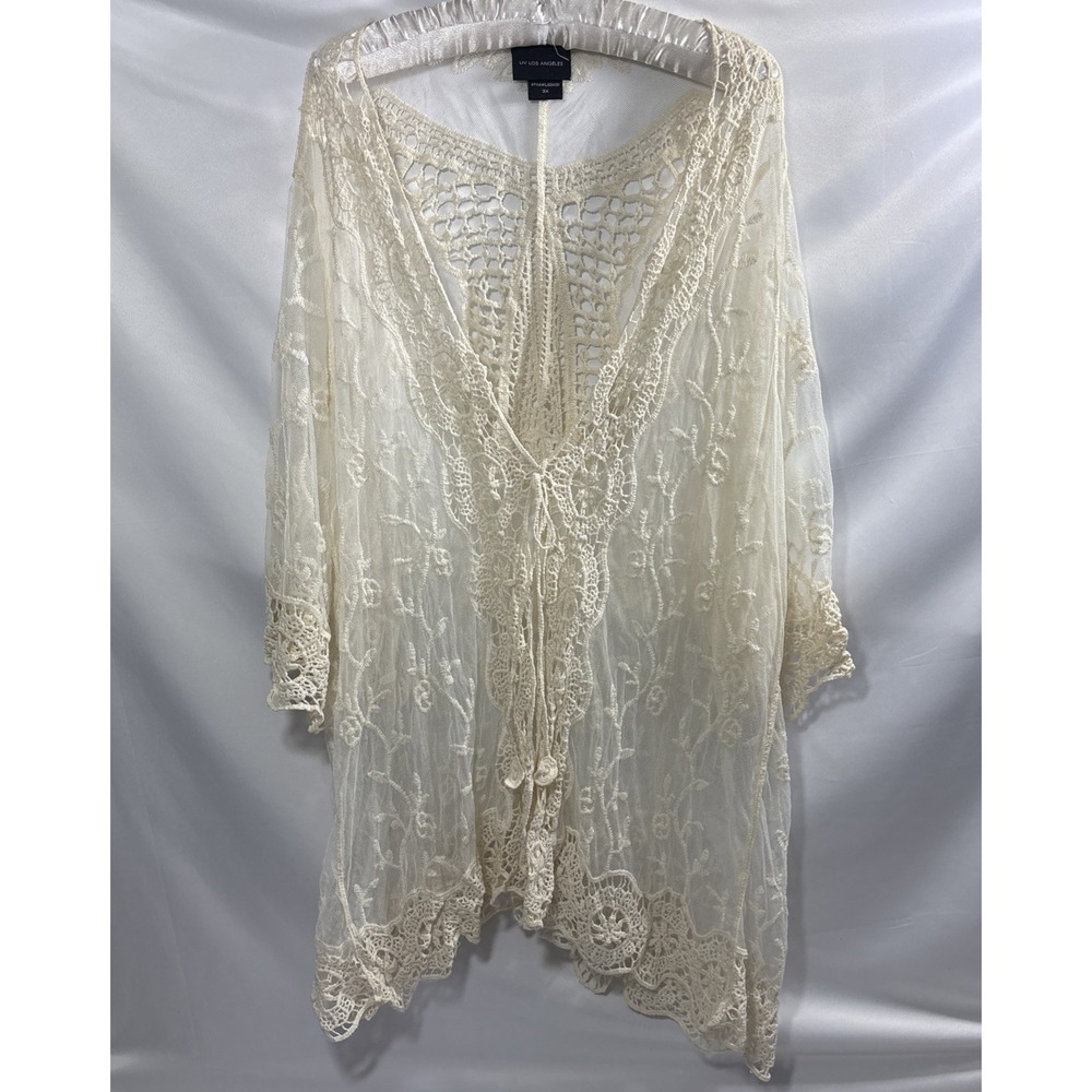 LIV LOS ANGELES Cream Lace Butterfly Mesh Kimono Cardigan Coverup 3X
